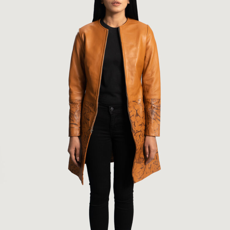 Womens Sandy Tan Dye Leather Coat Open Front-4-1664357538416